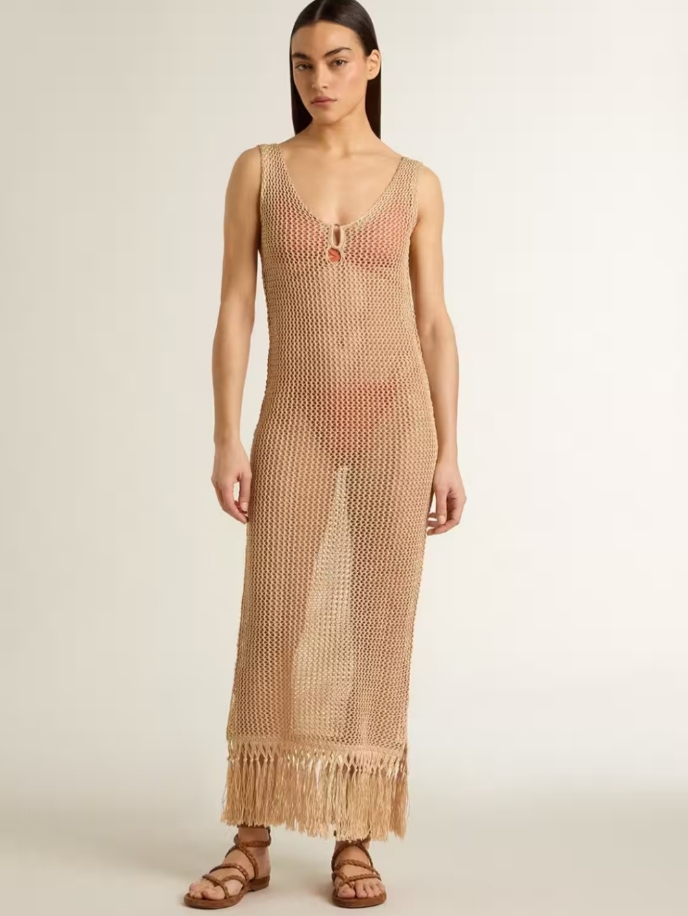 Golden Crochet Dress with Fringe, NWOT, Size S - Picture 11 of 11